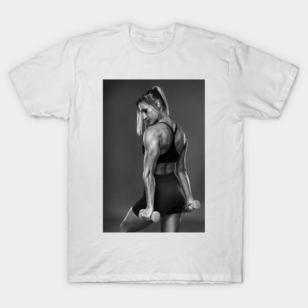 Female bodybuilder working out, black and white T-Shirt by naturalis